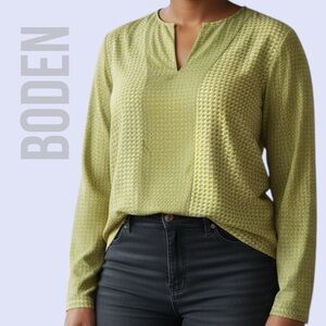 Boden Blouse Women's Size 12R Carey Yellow Geometric Long Sleeve Silk Boho Top